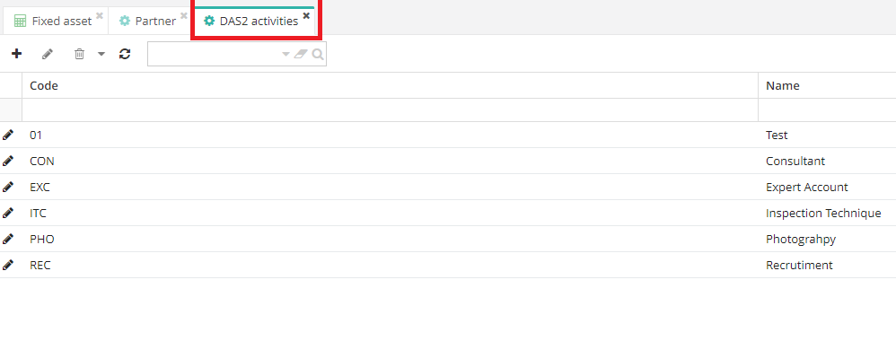 1.2. The DAS2 Activities page (Application Config → Referential → Configuration → DAS2 Activities).